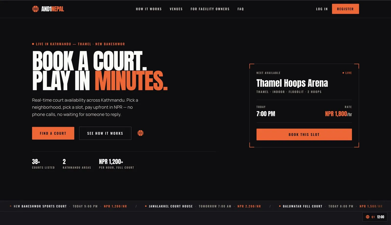 And1 Nepal home page with live court availability