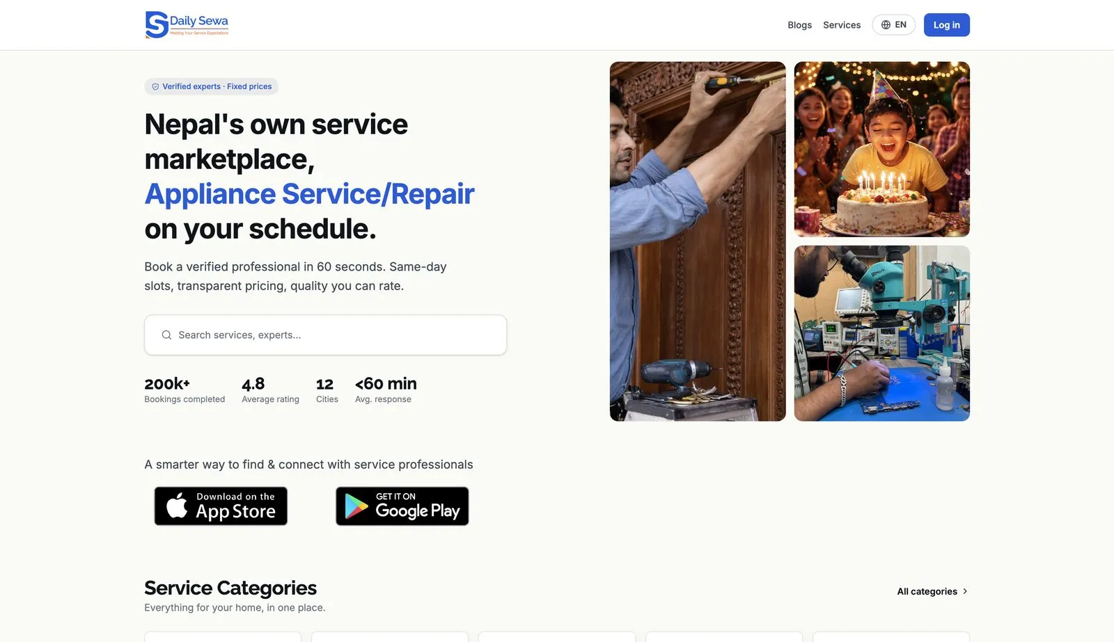 Daily Sewa home page for booking service professionals